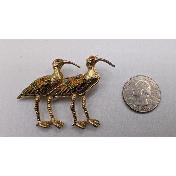 Vtg Curlew Shorebirds Pin Brooch Goldtone Enamel Wings Crystal Red Eyes - Picture 6 of 6